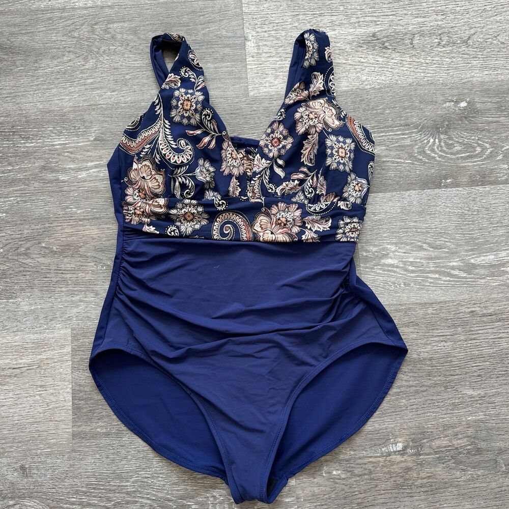 Lands’ End Slimming SlenderSuit Blue Pink Paisley Floral Print Swimsuit 16D